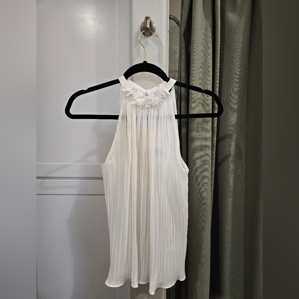 White Pleated Halter Dress with Floral Neck